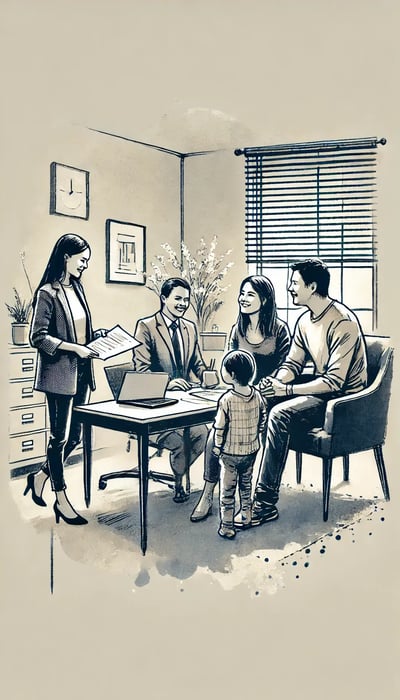 An ink wash style image showing a Latin American family consulting with a tax advisor.