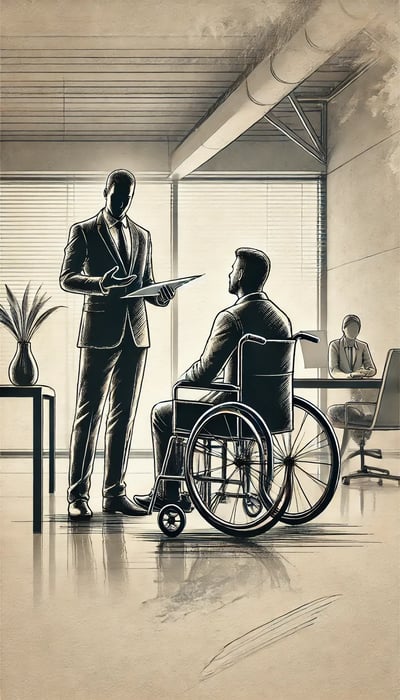 An ink wash style image showing a professional individual in a wheelchair discussing disability income insurance with an advisor in a modern office.