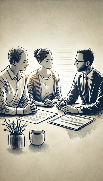 An ink wash style image showing a couple consulting with a financial advisor about terminal illness coverage in a calm and empathetic office setting. 