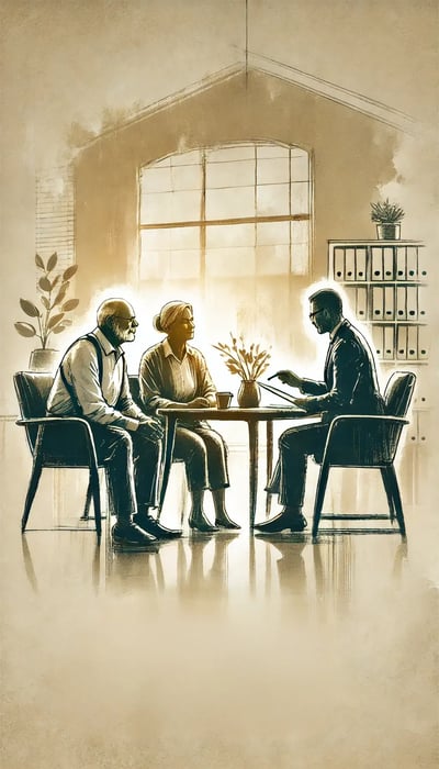 An ink wash style image showing an older couple discussing retirement plans with a financial advisor in a serene, organized setting.