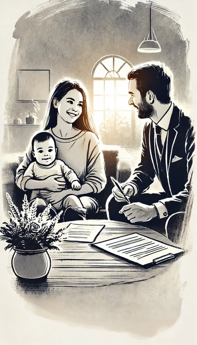 An ink wash style image for a life insurance section, showing a Latin American couple with their baby sitting in a peaceful home environment.