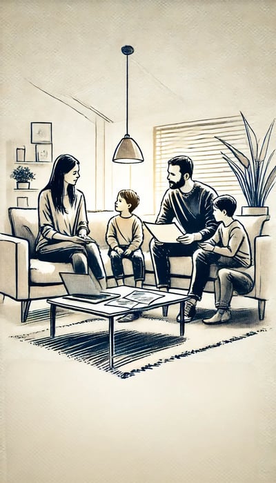 An ink wash style image showing a Latin American family (parents and two children) sitting in a bright living room, discussing health insurance options.