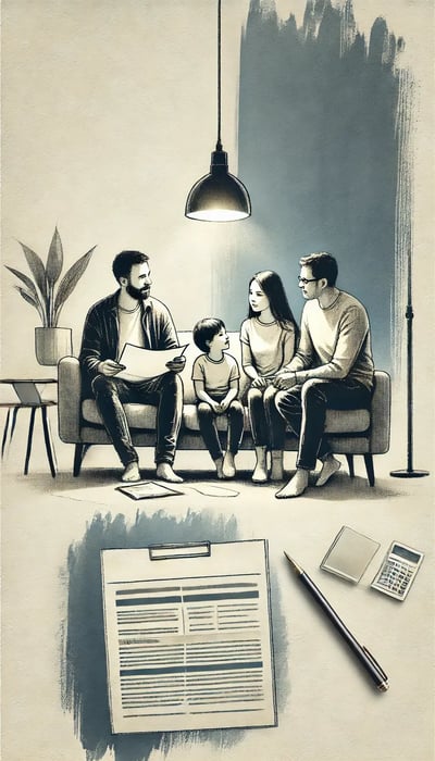 An ink wash style image showing a Latin American family (parents and two children) sitting in a bright living room, discussing health insurance options.