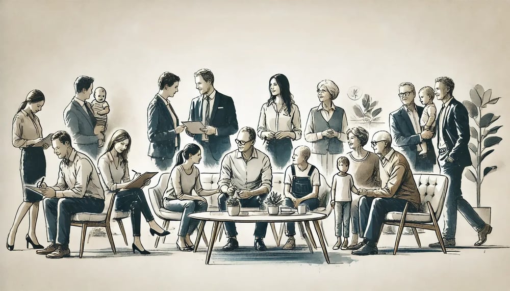 An ink wash style image to pair with the text Personalized Tax and Insurance Solutions for Every Stage of Life. The scene shows a diverse group.