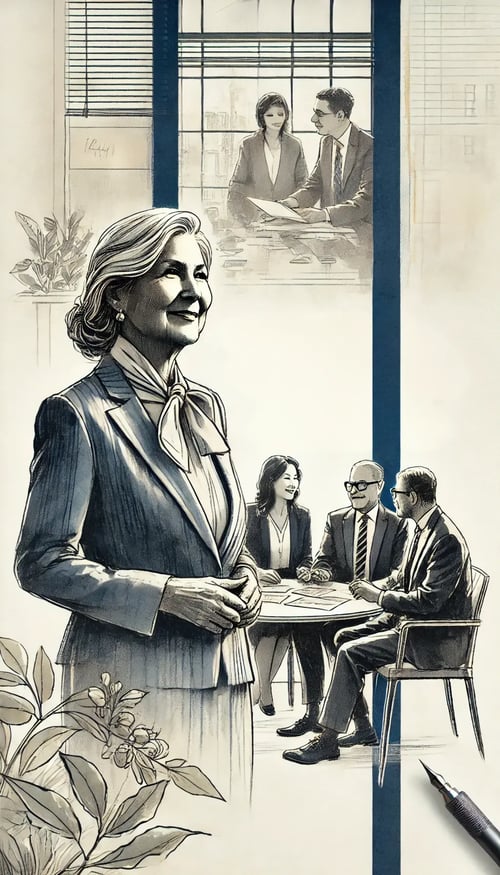 An ink wash style image featuring an older woman in her 60s as the lead, confidently guiding a diverse set of clients in a welcoming office setting.