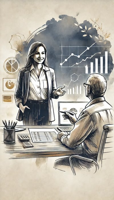 An ink wash style image for Financial Consulting, showing an older Latin American woman as the lead advisor offering strategic financial advice.