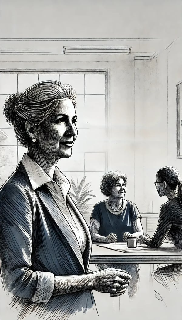 An ink wash style image for the homepage hero section, featuring an older Latin American woman in her 50s as the lead.